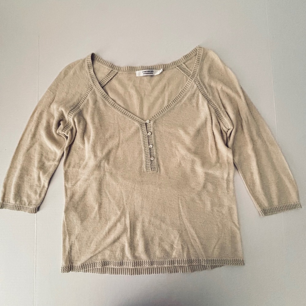 Comptoir des Cotonniers Beige Cotton Pointelle V-Neck Knit Top 3/4 Sleeve M